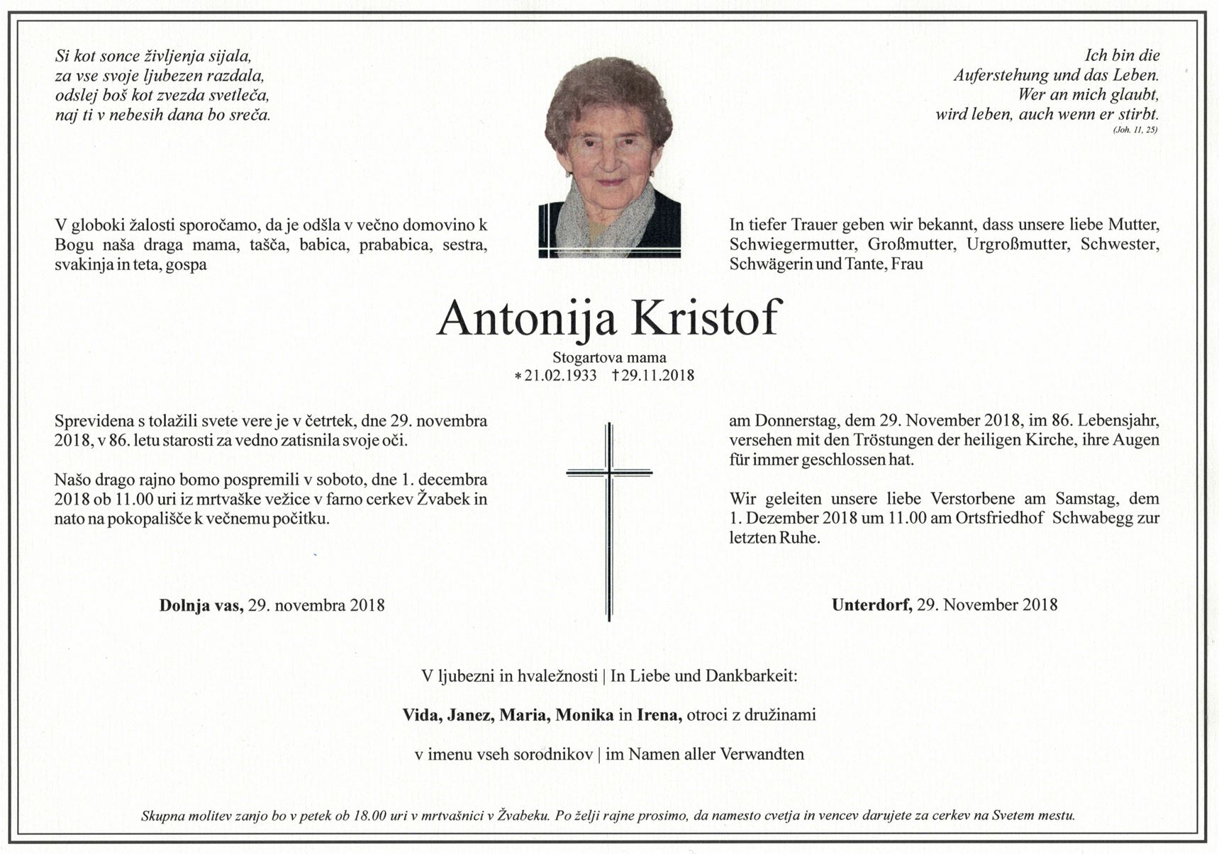 Osmrtnica Antonija Kritof